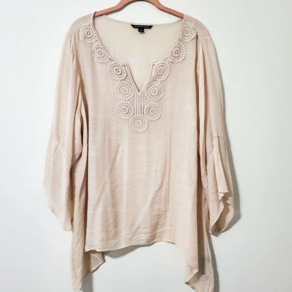 Zac & Rachel Embroidered Cream Split Neck Tunic Top Women 1X
